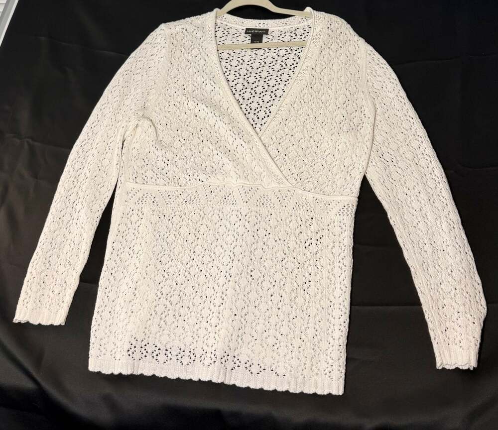 Lane Bryant Womens 14/16 Ivory Open Knit V Neck Long Sleeve Sweater Pullover